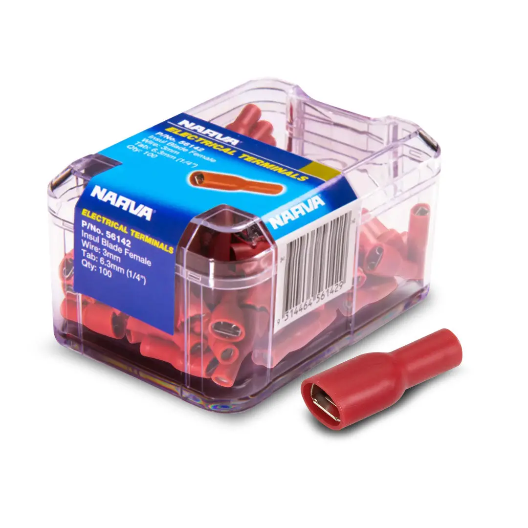 Narva 56142 Red | Female Crimp Terminal 6.3 X 0.8Mm Blade Connector | Vinyl Insulated | 100 Pack 1