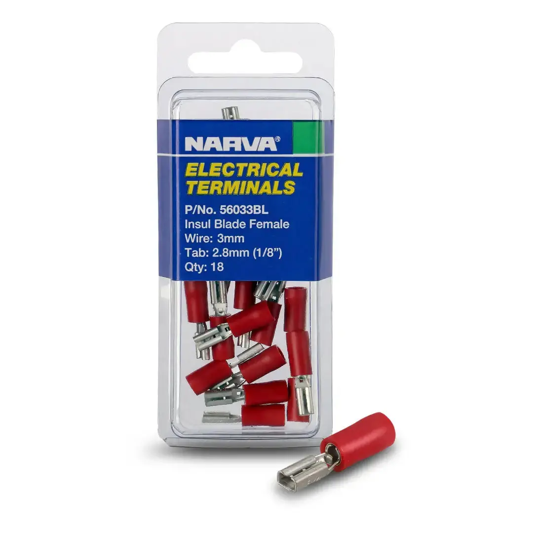 Narva 56033Bl | 3Mm Terminal Blade | Female Crimp Red Insulated - 18 Pce 1