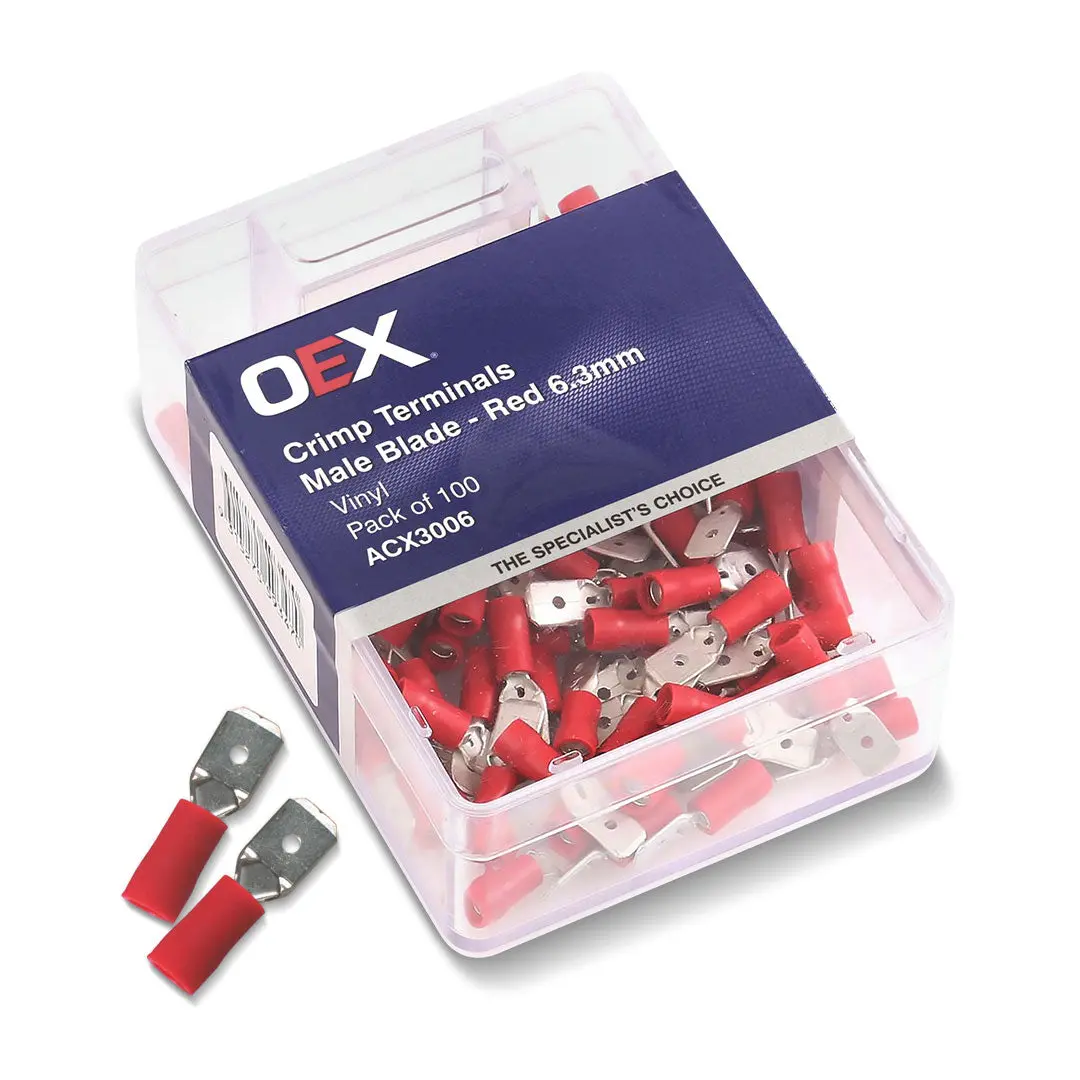 Oex Acx3006 | Red Male Blade Crimp Terminals 6.3X0.8Mm – Vinyl Insulated, 100Pc Pack 1