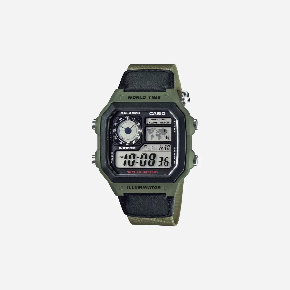 Casio Youth Ae-1200Whb-3Bv Digital Grey Dial Green Cloth Band Strap Watch 1