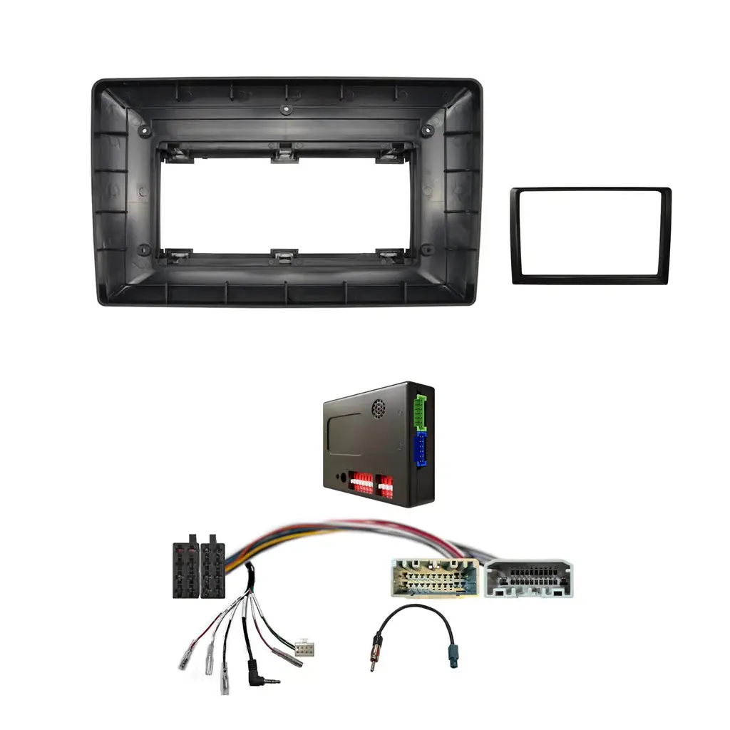 Cac Fxjp8k 9 Inch Fascia Kit Compatible With Jeep Wrangler Cherokee Commander Chrysler Dodge Universal Trapezoid 9" Or 10" Stereo Dash Plate With Steering Wheel Control Harness And Amplifier Compatibility - Black 1