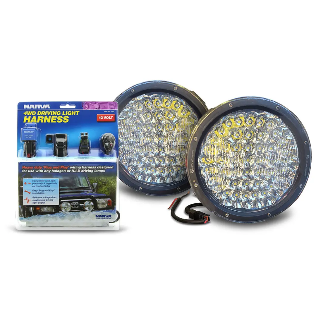 Villain Lighting Vil-9Dl-225 9" Pro Driving Lights 225 Watt Cree Led 19000 Lumen Spotlight (Pair) With Narva 74402 12V 4Wd Driving Light Wiring Harness Package 1