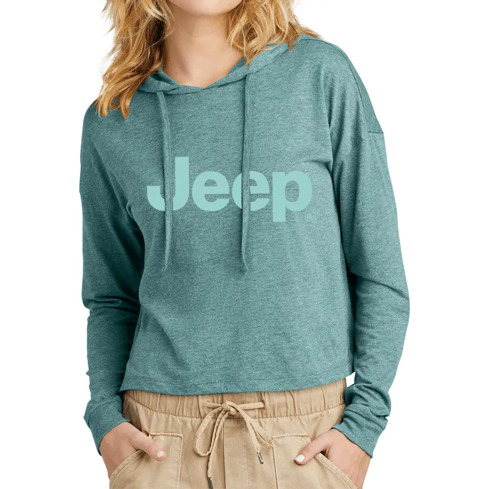 Ladies Jeep® Text Triblend Midi Long Sleeve Hoodie- Heathered Eucalyptus Blue 1