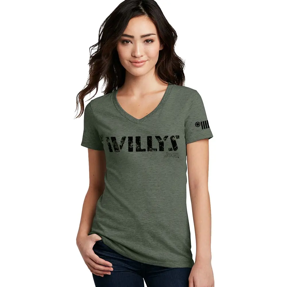 Ladies Jeep® Willys Text V-Neck - Heather Military Green 1