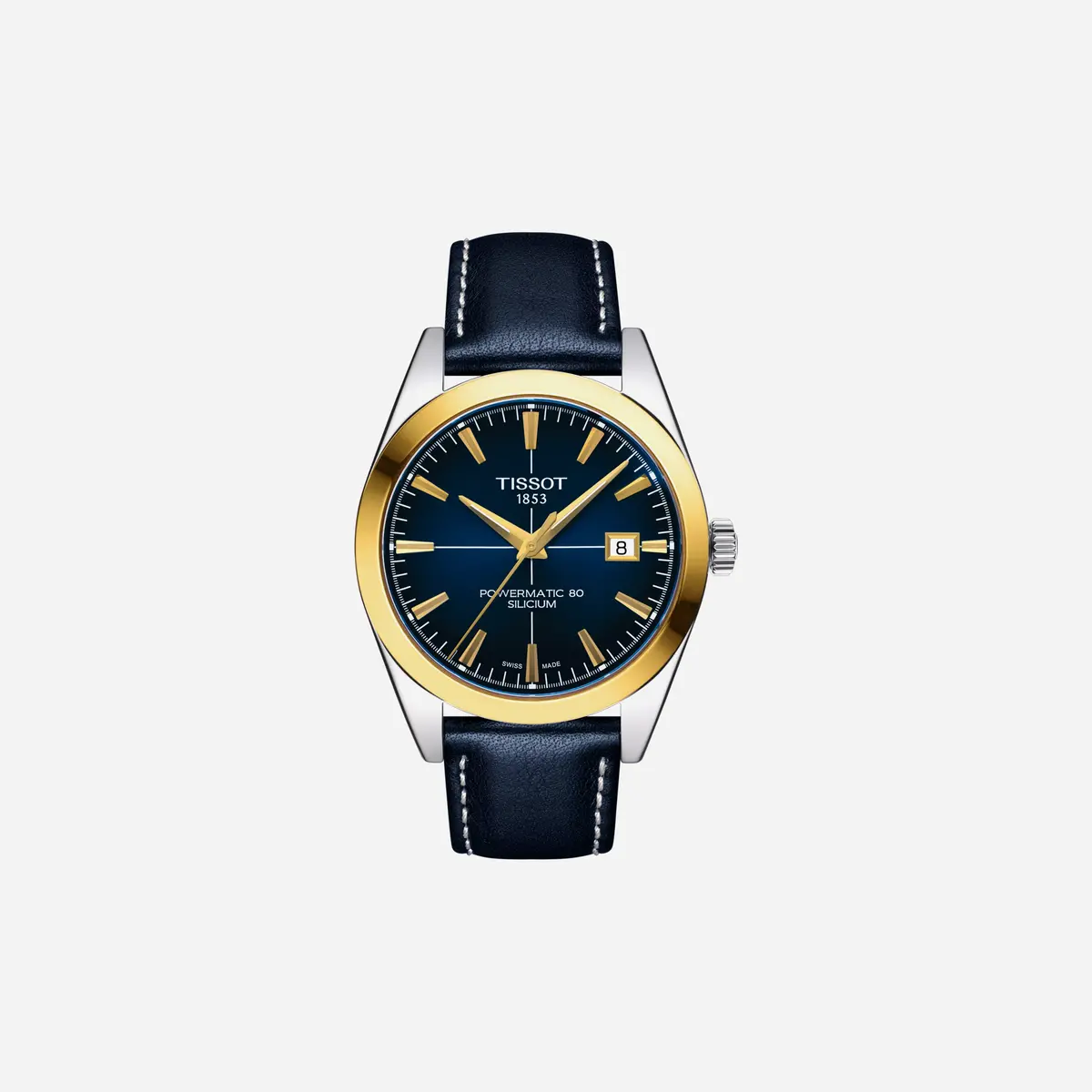 Tissot Gentleman Powermatic 80 Silicium Solid 18K Gold Bezel Blue Dial Blue Leather Strap Watch 1